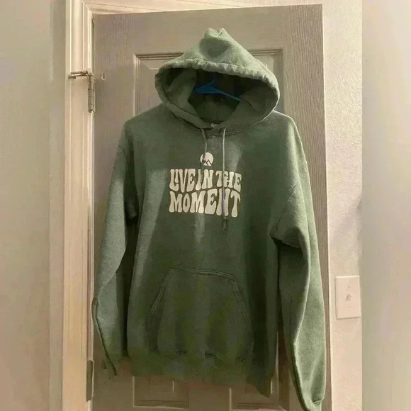 Unisex pullover sweatshirt hoodie with LIVE IN THE MOMENT in green with white - Picture 5 of 7
